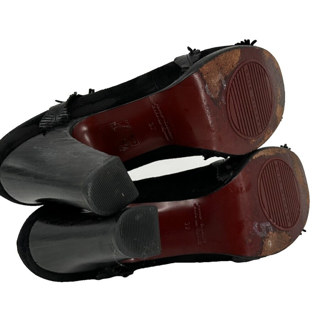 Chie Mihara Size 37 Black Suede Block Heels Fringe PeepToe 3.5in Boho Steampunk - Picture 7 of 11